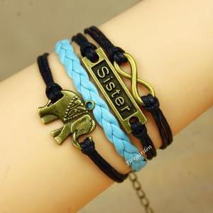 Elephant, Sister And Infinity Charm Wrap Bracelet