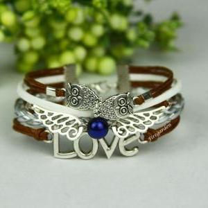 Owls, Angel Wings And Love Charm Wrap Bracelet