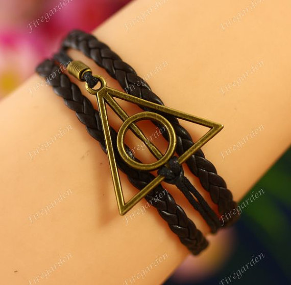 Bracelet Antique Bronze Harry Potter Charm Wrap Bracelet Deathly Hollow Bracelet Suede Leather Bracelet