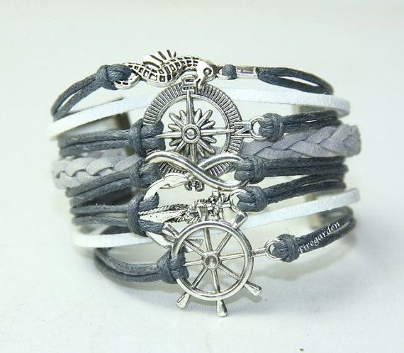 Seahorse Bracelet Infinity Compass Anchor Rudder Charm Wrap Bracelet Nautical Bracelet Braided Bracelet