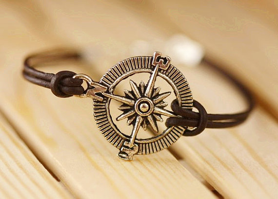 Leather Bracelet Compass Bracelet Nautical Charm Wrap Bracelet