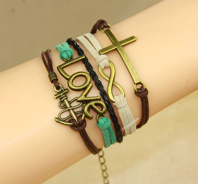 Anchor, Cross, Love And Infinity Charm Wrap Bracelet