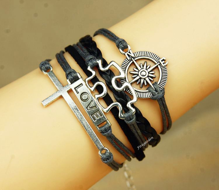 Cross, Compass, Love And Puzzle Bracelet Autism Awareness Charm Wrap Bracelet